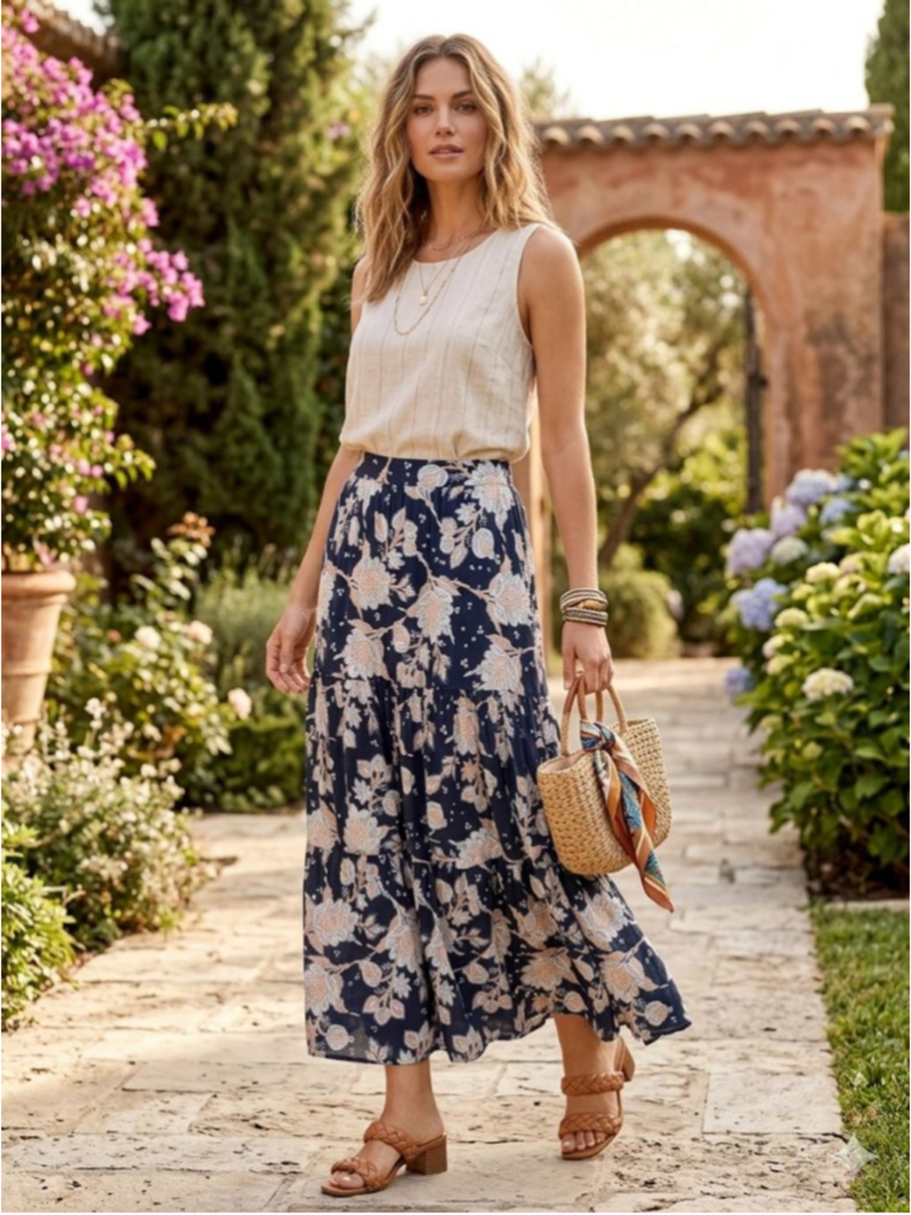Women's Rachel Zoe Navy Beige Floral Tiered Maxi Skirt XS runs big.